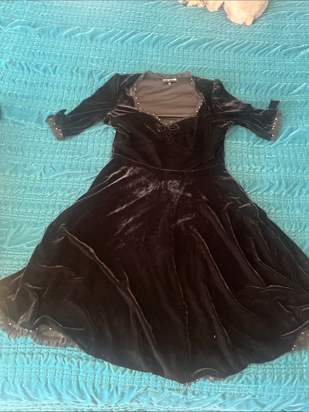 Sourpuss Black Velvet Midi Dress with Ruched Bodice